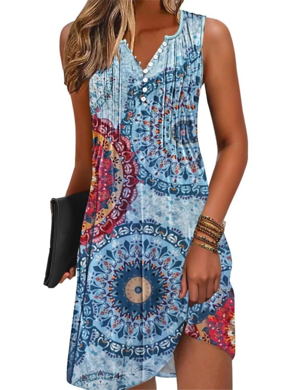 Women's Flower Datura Swim Cover up V-Neck Summer Button Sleeveless Mini Dress
